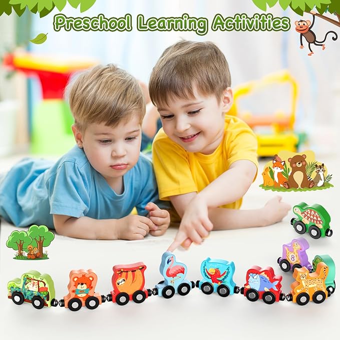 Zeoddler Toys for Toddlers, 11 Magnetic Wooden Animals Train Set, Montessori Toys for Toddlers, Learning Activities, Sensory Activities for Kids, Birthday Gifts for Boys, Girls