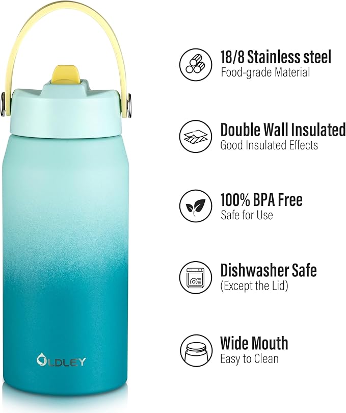 Oldley 18oz Insulated Water Bottle with Straw, Stainless Steel Water Bottle for Sports, Travel, School, BPA-Free Sports Bottles for Adult Kids, Leak-Proof, Light Green Blue