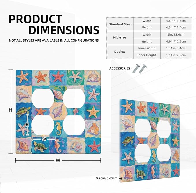 Sea Turtle Starfish Ocean Double Duplex Receptacle Outlet Cover Wall Plate Decorative 2 Gang Light Switch Covers Electrical Switchplate Home Decorate Faceplat for Bathroom Bedroom Kitchen Room