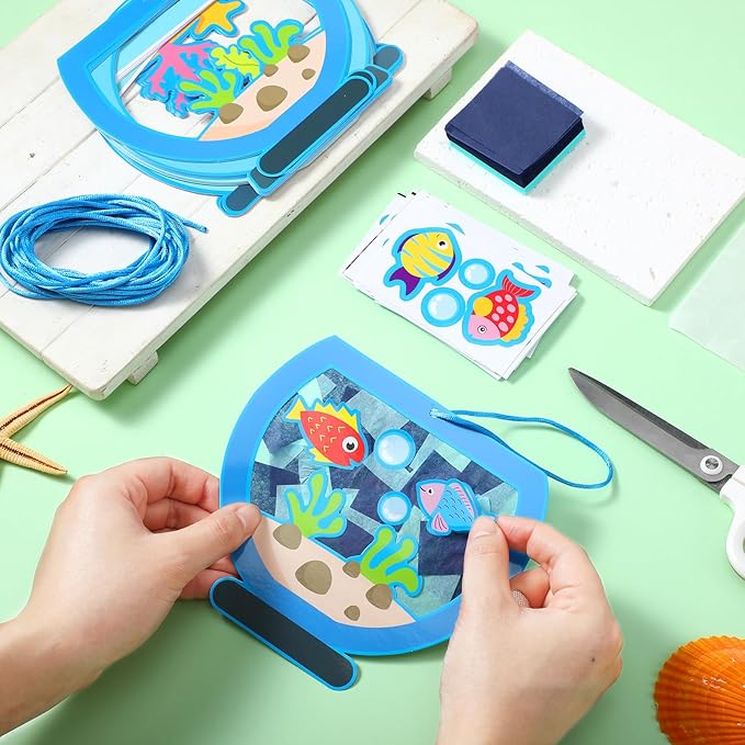 Chiisong 24 Sets Fishbowl Paper Crafts for Kids Summer Fish Tissue Paper Sign Craft Kit Make Your Own Aquarium DIY Paper Craft Art Projects for Kids Fun Classroom Home Activities, 4 Styles