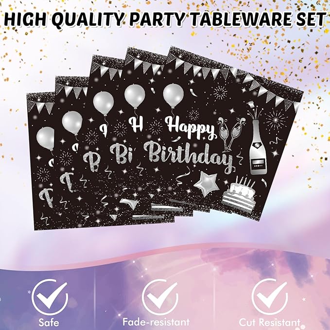 41PCS Black and Silver Birthday Decorations Happy Birthday Disposable Tableware Decor Plates Napkins Tableclot Set for Men Women Service20