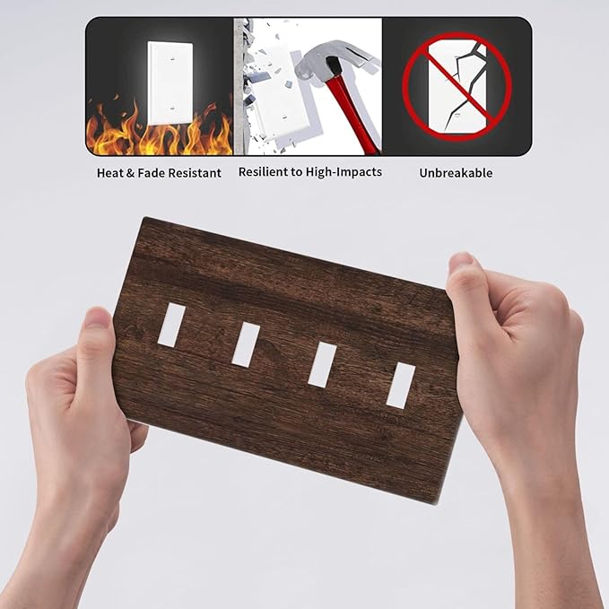 Decorative Switch Plate Cover with Rustic Dark Wood Grain & Vintage Style Design 4 Gang Artistic Wall Plate Unique Quad Toggle Light Switch Covers for Kitchen/Living Room