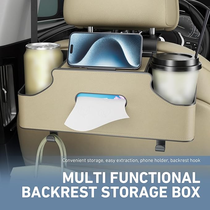 1 PC Car Seat Back Organizer, Multi-Function Tissue Storage Box with 2 Drink Cup Holders, Hanging Kids and Travel Accessories, Universal for Water Cup Phone Umbrella Bag (Beige)