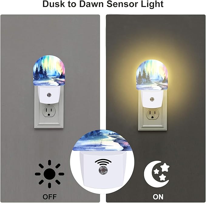 Northern Lights and Forest Night Light for Kids,Winter Aurora Borealis Fir Trees Plug in Night Light with Dusk to Dawn Sensor, 0.5w Energy Saving Nightlight for Hallway Stairway Kitchen Bedroom