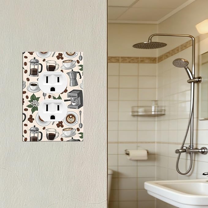 Whimsical Coffee Shop Duplex Wall Plate - 1-Gang Standard US Size Vintage Coffee Pattern Outlet Covers, Café Culture Espresso for Dining Room Decor