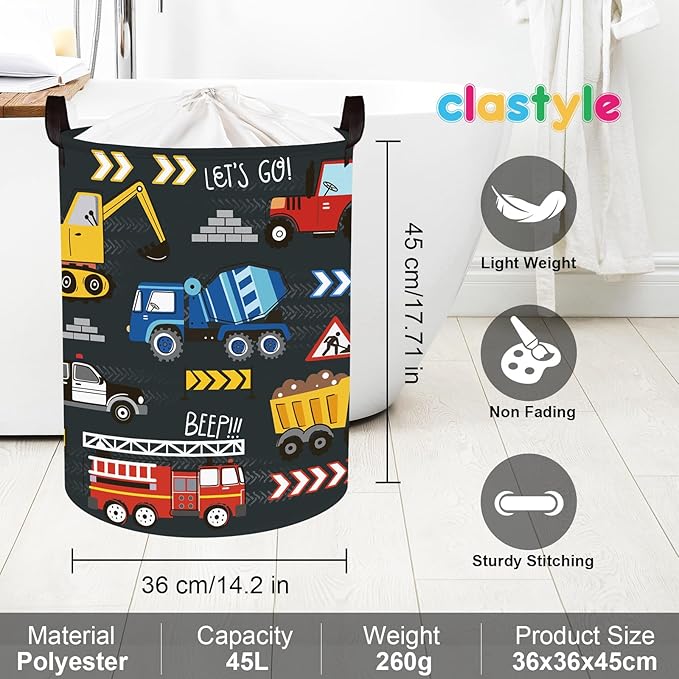 Clastyle City Car Baby Laundry Hamper Kid Storage Basket Boy Gift Toy Box Collapsible Clothes Organizer Nursery Bin for Bedroom,Fire Truck,36 * 45 cm
