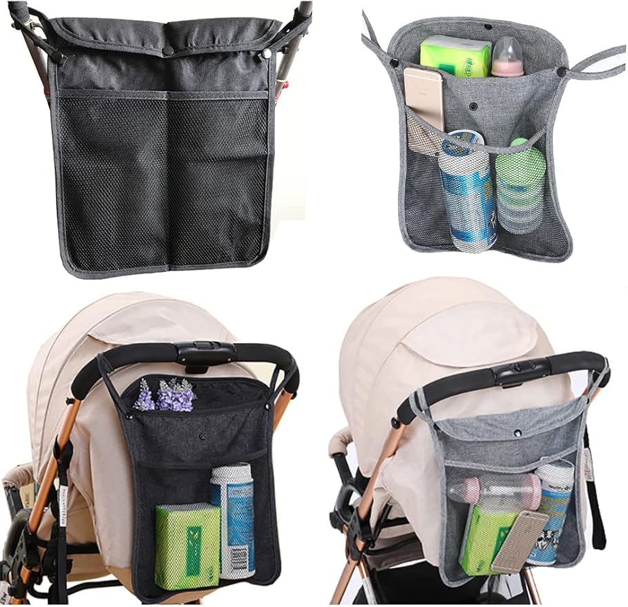 2Pcs Pack Baby Stroller Organizer With Two compartments Front Mesh Pocket for Bottle Nappy Diaper Storage,Fits for Stroller like Uppababy, Baby Jogger, Britax, Bugaboo, BOB (BLACK E)