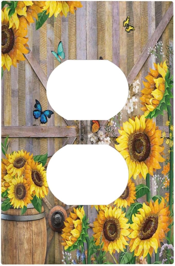 Rustic Sunflower Barn Door Wood Plank 1 Gang Outlet Plate Decorative Single Duplex Wall Plate Covers Electrical Receptacle Light Switch Cover Art Faceplate Switchplate for Farmhouse Bathroom Decor