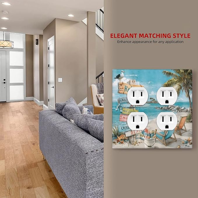 Ocean Beach Tropical Palm Tree Coastal Seaside Outlet Covers 2 Gang Double Duplex Decorative Light Switch Covers Electrical Wallplates Socket Faceplate for Kids Room Living Room Decor