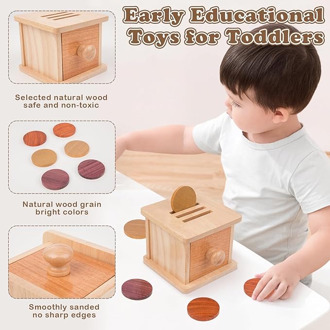 Adena Montessori Coin Box -Natural Wood Double-Sided Object Permanence Box Toy for 1-Year-Old Babies, Wooden Montessori Developmental Toy for 6-12 Month, Early Learning Gift
