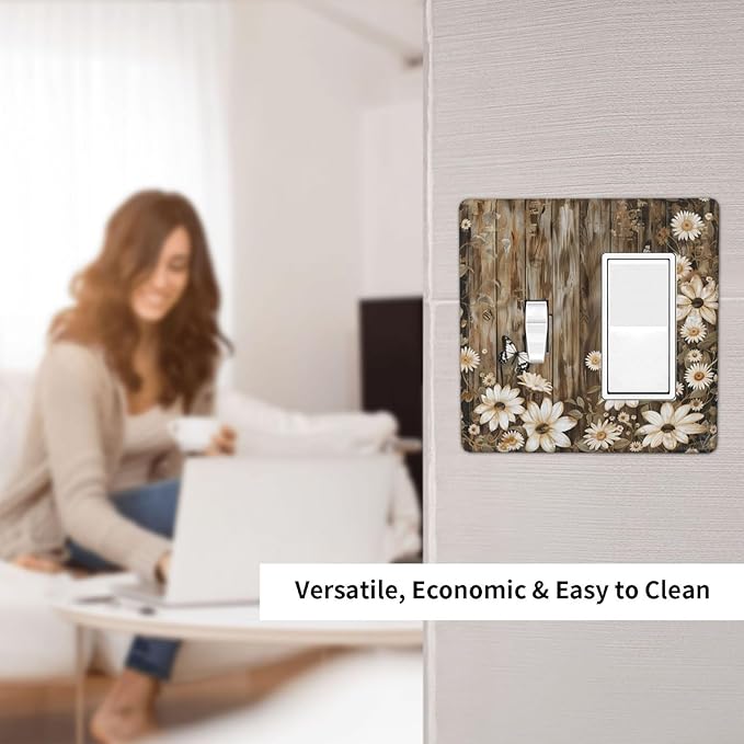 Light Switch Cover Plate Rustic Wood Butterflies Flowers Botanical 2 Gang Combo Wall Plates Toggle Rocker Decorative Switch Plates and Outlet Covers for Farmhouse Cabin Decor