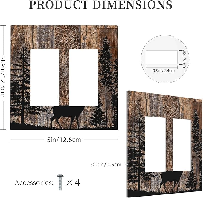 Decorative Outlet Covers Rustic Forest Antler Elk Deer Silhouettes Animals Wood Grain 2 Gang Double GFCI Rocker Electrical Wall Panels Light Switch Cover Plate for Farmhouse Home Decor