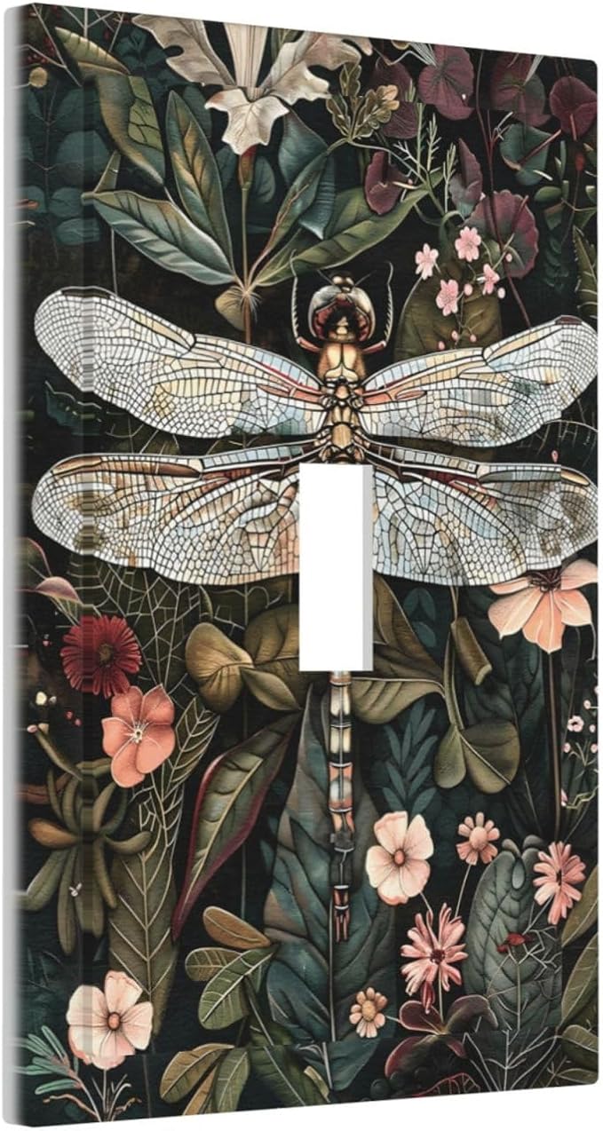 Vintage Dark Green Dragonfly Flowers Floral Botanical Decorative Light Switch Cover 1 Gang Single Toggle Device Electrical Faceplate Switchplates Decorator Outlet Wall Plate for Farmhouse Home Decor