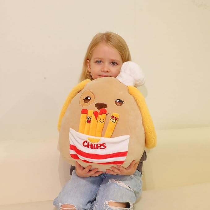 Hopearl Cute Chef Dog Plush Toy with Chips, Adorable Pillow Stuffed Animal, Smooth Plushies Pillow Gift, Soft Toy for Kids