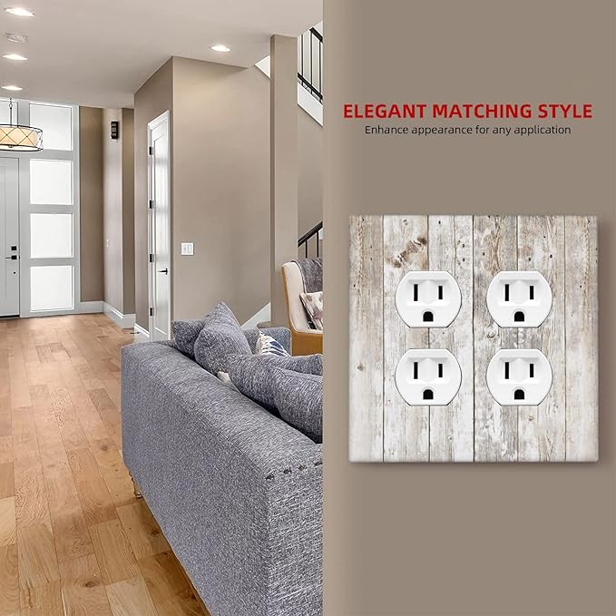 Vintage Light Wood Retro Rustic White Gray Oak Print Outlet Covers 2 Gang Double Duplex Decorative Light Switch Covers Electrical Wallplates Socket Faceplate for Farmhouse Home Decor