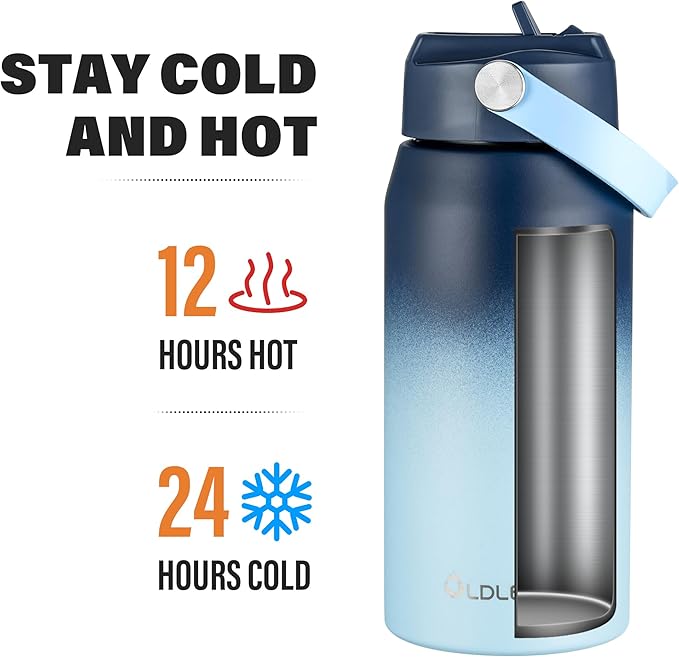 Oldley 18oz Insulated Water Bottle with Straw, Stainless Steel Water Bottle for Sports, Travel, School, BPA-Free Sports Bottles for Adult Kids, Leak-Proof, Blue Gradient
