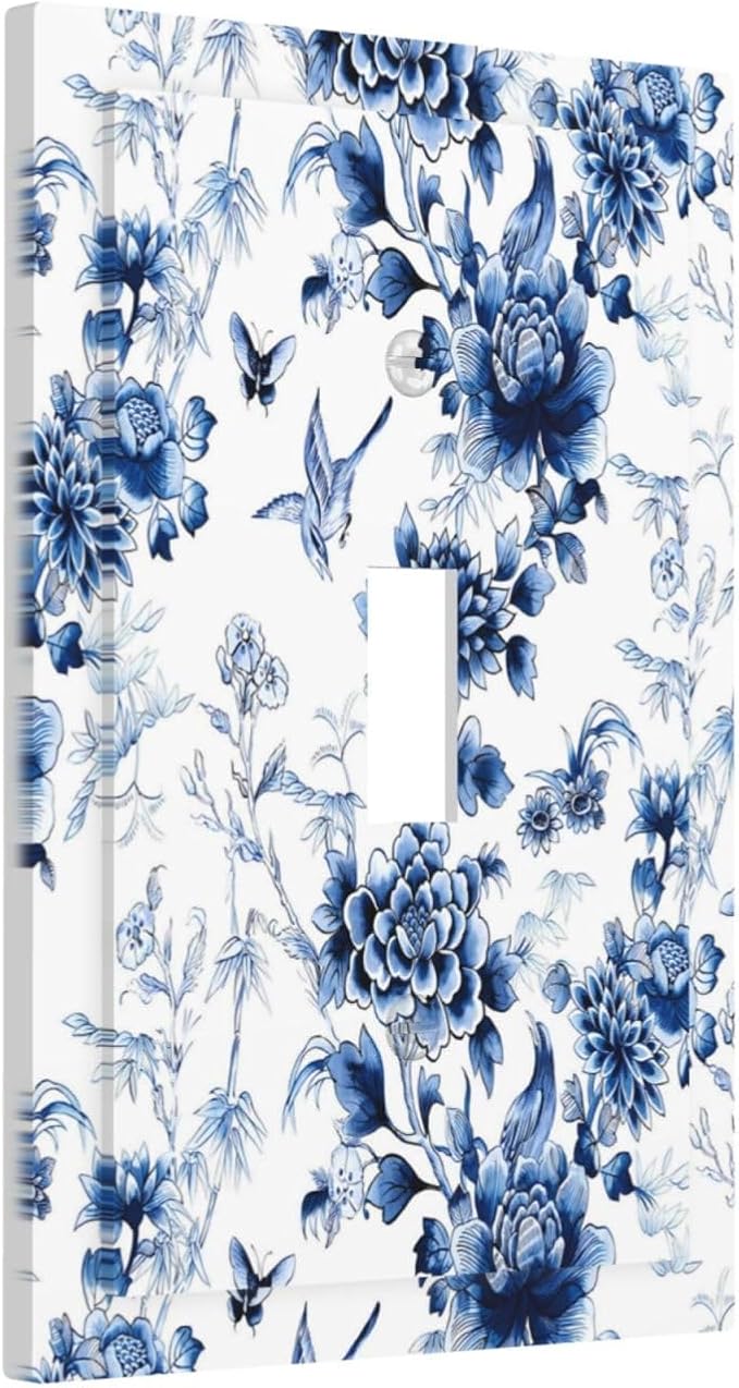 Blue Flower White Floral Plant Bird Butterfly Decorative Light Switch Cover 1 Gang Single Toggle Device Electrical Faceplate Switchplates Decorator Outlet Wall Plate for Bedroom Living Room Decor