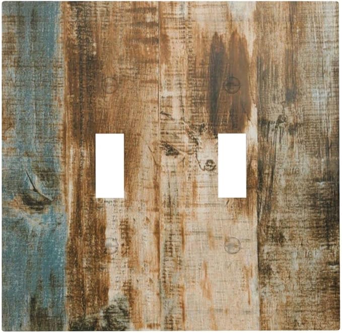Vintage Brown Wood 2 Gang LightSwitch Plate Cover Double Toggle Wall Plate Decorative Faceplate Electrical Wallplate Farmhouse Blue Grey Wood Barn Door Kitchen Bathroom Bedroom Home Decor 5" x 4.9