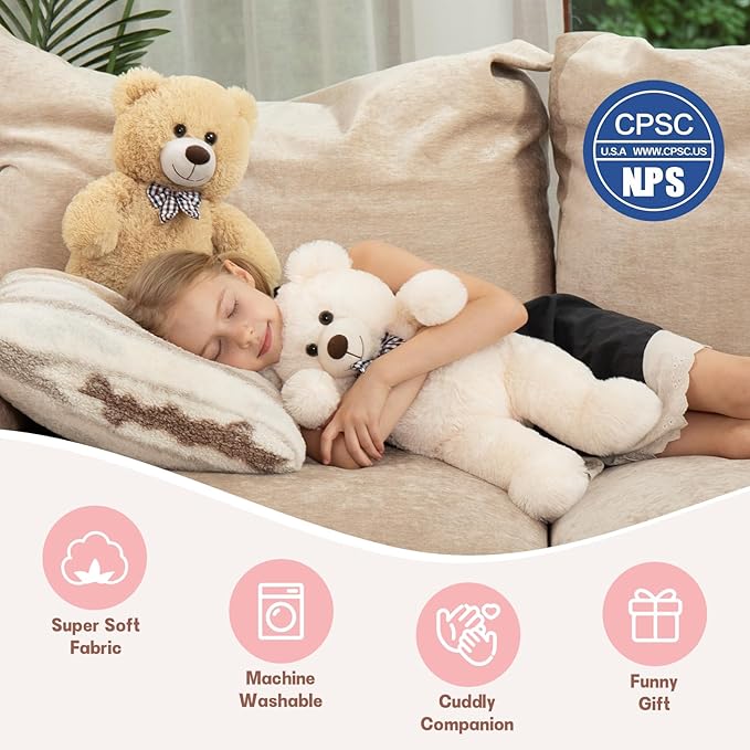 MorisMos White Teddy Bear Stuffed Animal, 20 Inch Bow Tie Classic Stuffed Bears Plush, Cuddly Hugging Bear Gift for Toddler, Kids, Baby Shower & Birthday, White