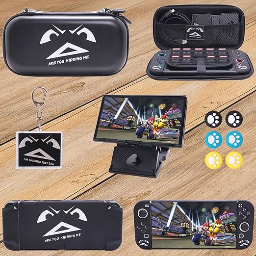GUTIAL Accessories Bundle for Nintendo Switch OLED - Cute Kawaii NS OLED Accessories kit for Grils Boys Kids with Carrying Case, Cartoon Dockable Cover Case, Screen Protector, Stand - Black