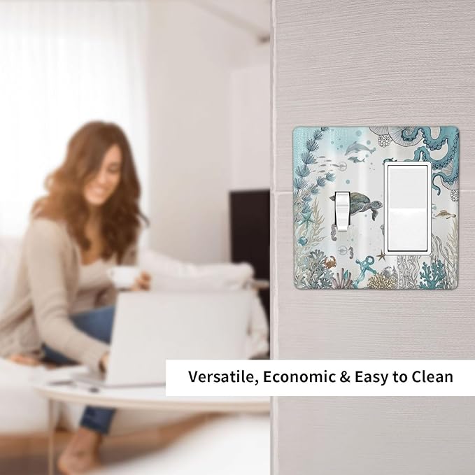 Decorative Outlet Covers Sea Turtle Octopus Ocean Underwater Animal 2 Gang 1 Gang Wall Plate Single Toggle Rocker Device Combination Light Switch Cover Plate Jumbo Electrical Faceplate Plug