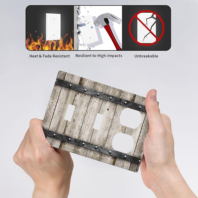 Vintage Retro Western Barn Cabin Door Wood 3-Gang Combination Wall Plate 2 Toggle 1 Duplex Receptacle Outlet Cover Kitchen Country Farmhouse Style Decorative Combo Device Light Switch Faceplate Cover