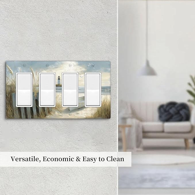 Sea Beach 4 Gang Light Switch Cover Old Ship Reed Lighthouse Seascape Quad Rocker Outlet Covers Switchplates Wall Plate Decorative Faceplate for Bedroom Kitchen Living Room Decor