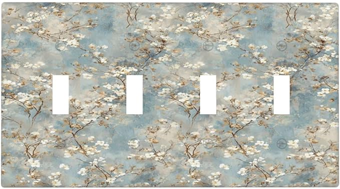 Decorative Light Switch Cover Plate Rustic Blue White Plum Blossom Flower 4 Gang Wall Plates for Electrical Quad Toggle Switch Plate Covers Outlet Covers Faceplate for Bedroom Decor