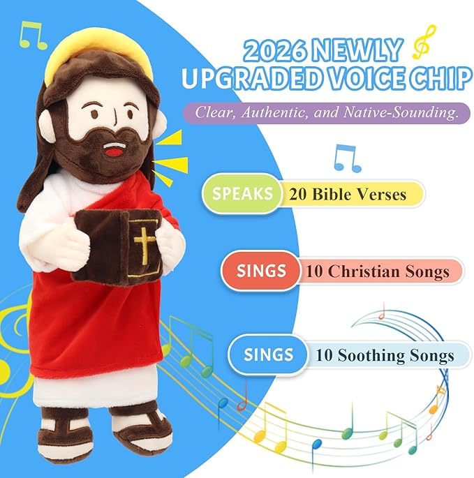 Yelakey Jesus Plush Talking Doll with Halo,Speak 20 Bible Verses & 20 Songs,13.4" Interactive Hymn Stuffed Plushie Perfect Religious Gift for Kids Sunday School & Easter Celebrations