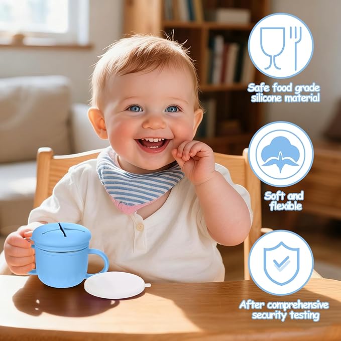 Toddler Snack Containers Stainless Steel Spill-Proof Snack Containers for Toddlers with Spill-Proof Silicone Lids and Handles 4-in-1 Baby Snack Cup is Dishwasher Safe for Easy use On The Go（Blue）
