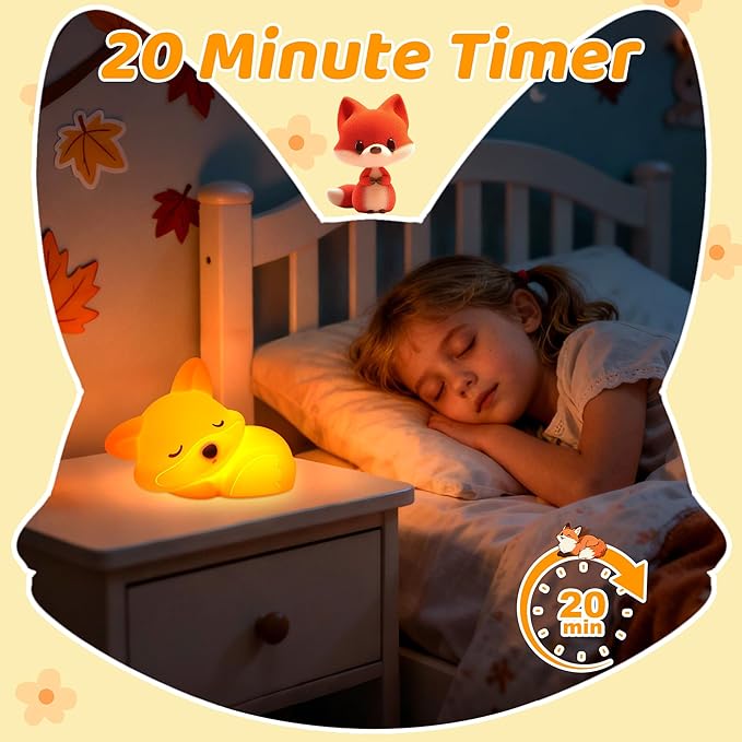 Attivolife Fox Night Light, Squishy Fox Animal Silicone Lamp Gifts for Kids, Rechargeable Nursery Bedside Touch Nightlight wtih Dimmable Timer, Novelty Birthday Xmas Presents for Toddler Baby Girl
