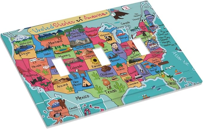 American Map 3 Gang Light Switch Cover Decorative Triple Toggle Wall Plate Electrical Switchplate Standard Size Faceplate Cartoon Animal Educational Geography Rustic Barn Bathroom Bedroom Home Decor