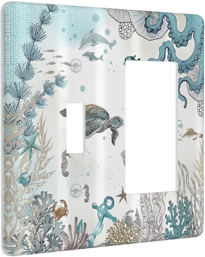 Decorative Outlet Covers Sea Turtle Octopus Ocean Underwater Animal 2 Gang 1 Gang Wall Plate Single Toggle Rocker Device Combination Light Switch Cover Plate Jumbo Electrical Faceplate Plug