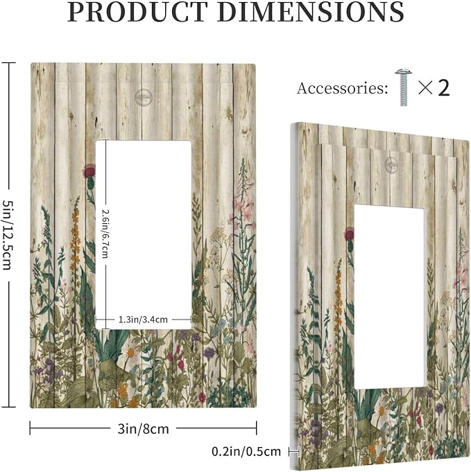 Vintage Wild Flowers Botanical Green Leaves Plants 1 Gang Rocker Light Switch Covers Decorative Rustic Wood Plank Single Decora Outlet Wall Plate Faceplate Switchplate GFCI for Farmhouse