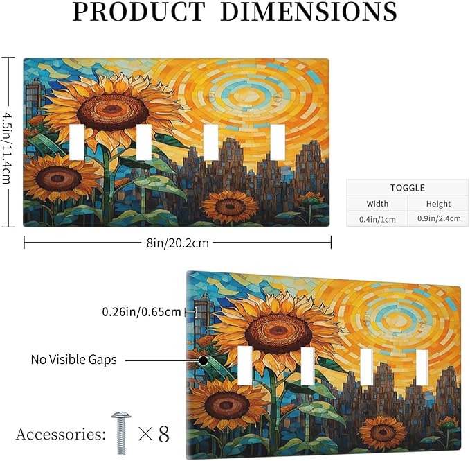 Abstract Sunflower Graffiti Floral Paint Art Flower Light Switch Covers Quad Toggle 4 Gang Wall Plate Decorative Switch Plates Electrical Faceplate for Bedroom Living Room Decor