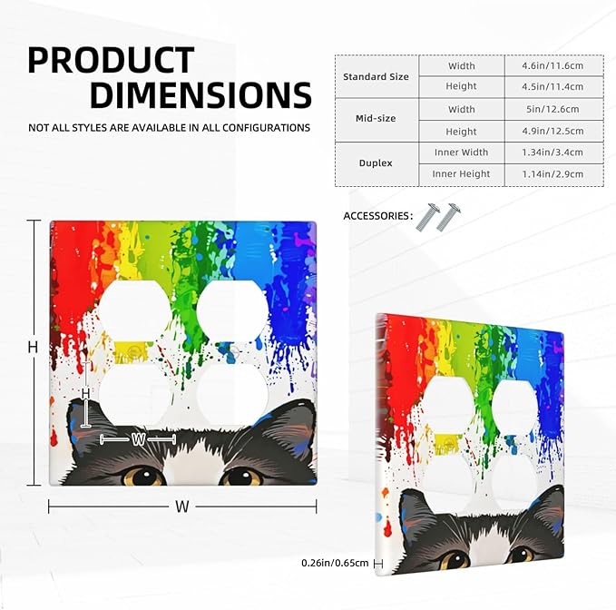 Cat Rainbow Double Duplex Receptacle Outlet Cover Wall Plate Decorative 2 Gang Light Switch Covers Electrical Switchplate Home Decorate Faceplat for Bathroom Bedroom Kitchen Room 4.5 x 4.5 Inch