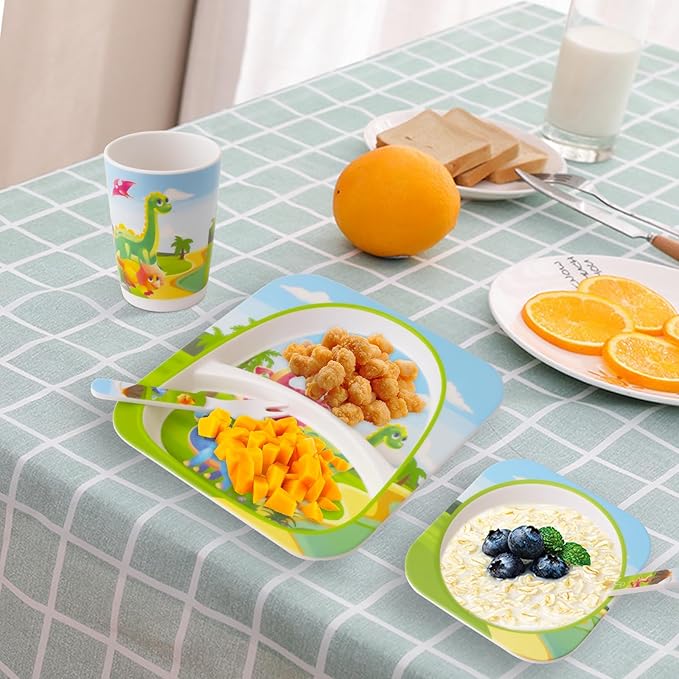 Qshare Bamboo Toddler Dinnerware Set,5Pcs Baby Plates and Bowls,Bamboo Kids Plates and Bowls Set,Kids Dishes Dinnerware Sets with Plate,Bowl,Cup,Fork and Spoon (Tyrannosaurus)