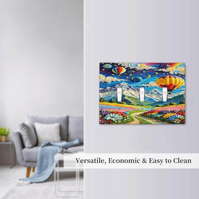 Hot Air Balloons Floral Vibrant Colors Flowers Mountains Stars Moon Decorative Switch Plates 3 Gang Wall Plate Faceplate Electrical Wall Panels Triple Toggle Light Switch Cover for Bedroom Kids Room