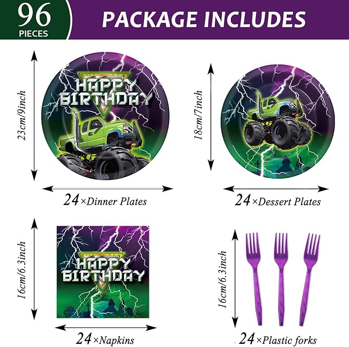 CHUNNIN 96 PCS Monster Truck Plates and Napkins for Birthday Party Supplies Monster Truck Racing Car Theme Paper Dessert Plates Green Purple Tableware Set for 24 Guests Kids Birthday Party Decorations