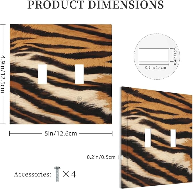 Tiger Texture Wild Animal Skin Pattern Print Decorative Switch Plates 2 Gang Double Toggle Outlet Light Switch Cover Wall Plate Electrical Faceplate for Kids Room Office Decor