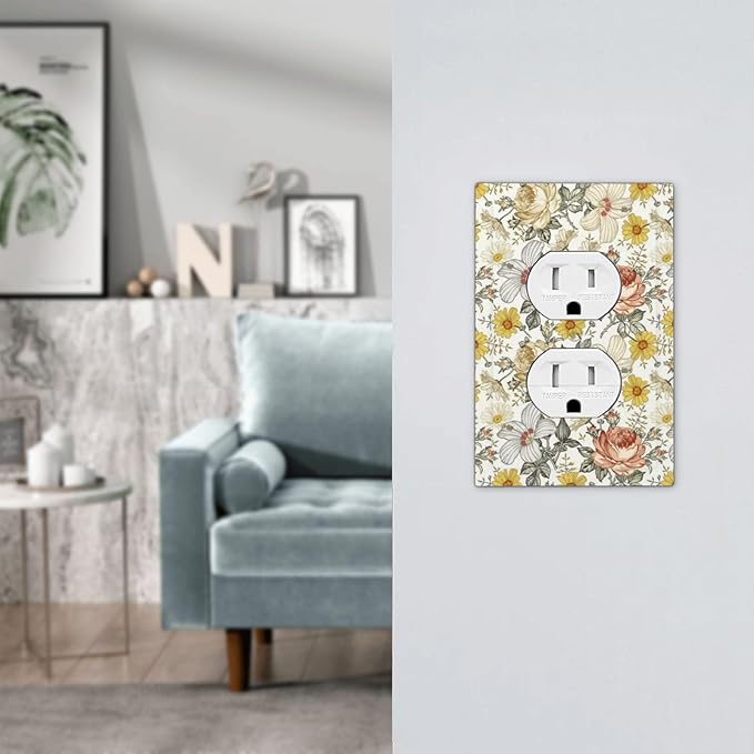 Multicolor Peony Daisy Vintage Floral Flower Outlet Covers 1 Gang Duplex Light Switch Cover Decorative Switch Plates Electrical Receptacle Faceplate Wall Plate for Bedroom Living Room Decor