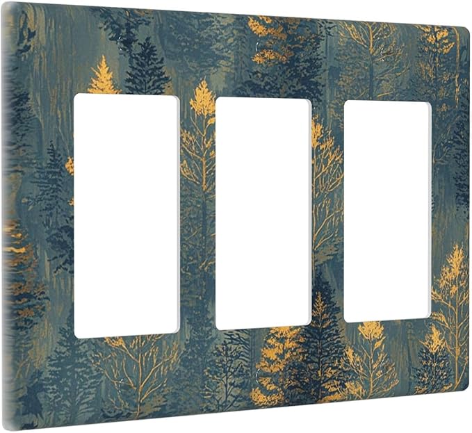 Decorative Light Switch Plate with Golden Trees & Abstract Gradient Forest Landscape Design 3 Gang Outlet Covers Triple Rocker Wall Plate Switch Plate Cover for Blue Retro Home Decor