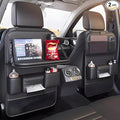 2 Pack Universal Foldable Car Backseat Organizer with Table Tray, Car Seat Back Protector with Touch Screen Phone Holder, Premium Leather Kick Mats with Storage Pockets Tissue Box (Black)