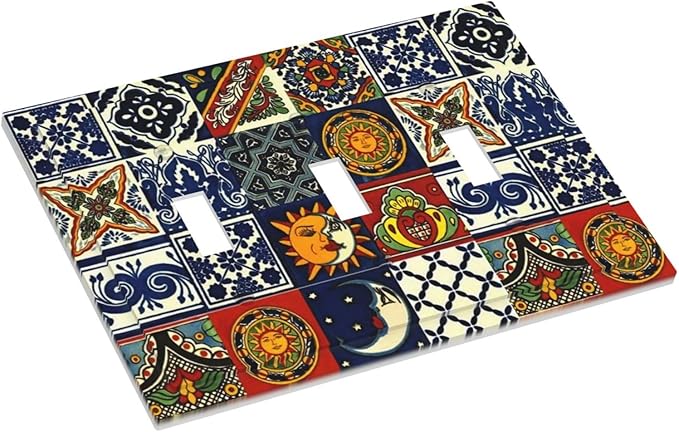 Boho Moroccan Mandala Mexican Tile 3 Gang Light Switch Cover, Kitchen Mosaic Boho Moon and Sun Tiles Decorative Triple Toggle Wall Plate Cover Electrical Three Device Switch Face Plate