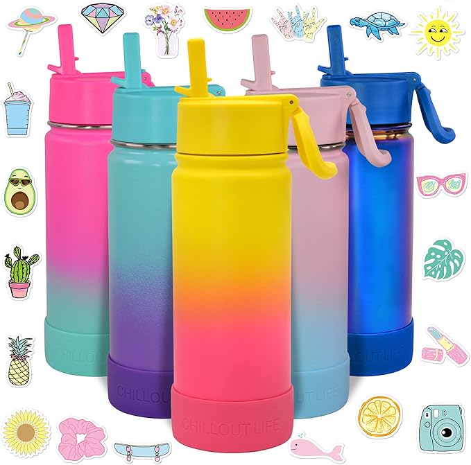 CHILLOUT LIFE 17 oz Kids Insulated Water Bottle for School with Straw Lid Leakproof and Cute Waterproof Stickers, Personalized Stainless Steel Thermos Flask Metal Water Bottle for Girls & Boys