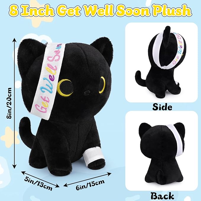 Get Well Gifts for Women Kids, 8 Inch Black Cat Plush Get Well Soon Stuffed Animals, Kawaii Cat Plushies Get Well Gifts for Kids Women After Surgery Feel Better Gift