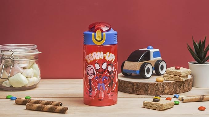 Zak Designs Marvel Spider-Man Kids Water Bottle with Spout Cover and Carrying Loop, Durable Plastic, Leak-Proof Water Bottle Design for Travel (16 oz, 2-Pack, Spidey and His Amazing Friends)