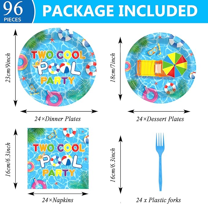 96Pcs Two Cool Pool Birthday Party Supplies Summer Swimming Pool 2nd Birthday Paper Plates and Napkins Summer Beach Tableware Set Serves 24 Guests 2 Years Old Hawaiian Pools Party Decorations
