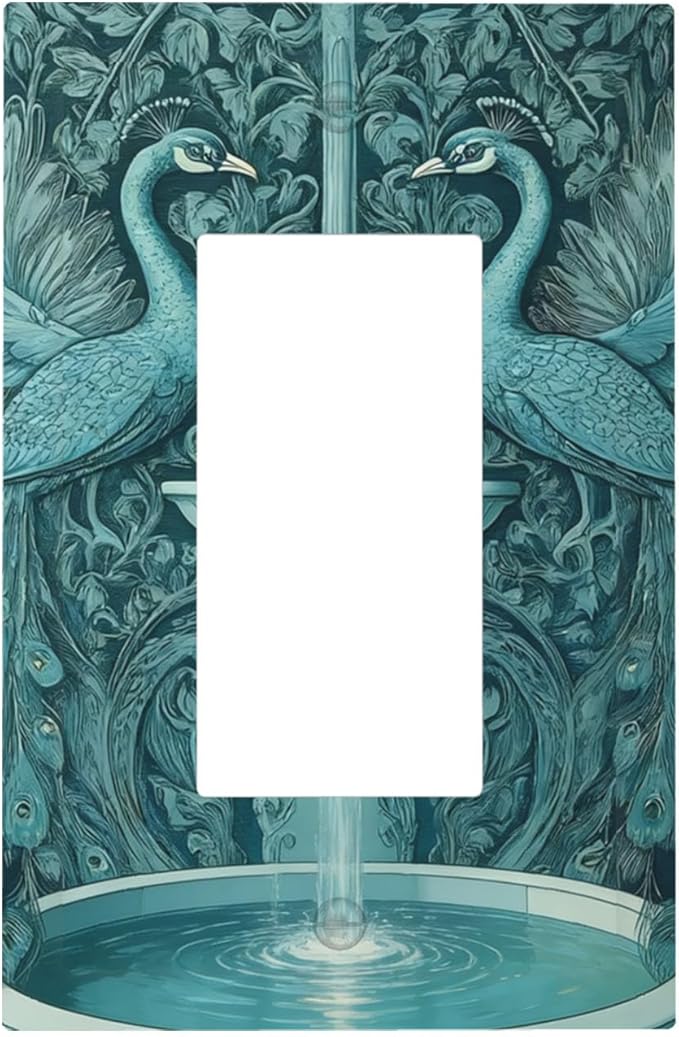 Art Nouveau Peacocks & Fountain in Teal Garden Single Rocker Switch Cover - 1-Gang Standard US Size Elegant Garden Escape Light Switch Covers for Living Room Decor
