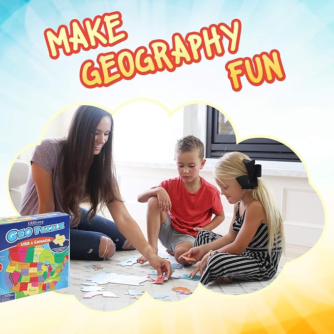 GeoToys GeoPuzzle, USA & Canada Jigsaw Puzzles, 69 Pc Geography Game & Map Puzzle, Educational Games & Kids Learning Activities, Puzzle Gifts for Children Ages 6-9, Fun Learning Toys for Kids